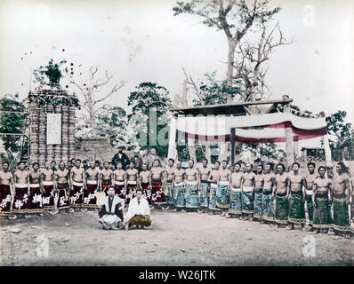 [ 1890s Japan - Japanese Sumo Wrestlers ] —   Large group of sumo wrestlers.  19th century vintage albumen photograph. Stock Photo