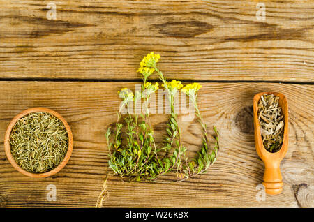 Fresh and dry shredded medicinal herbs, medical capsules. Stock Photo