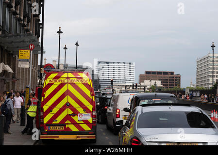 Police have closed Westminster Bridge to vehicle and pedestrian traffic after it was hit by a City Cruises vessel on the River Thames around 16:30. Fire brigade also in attendance. The bridge will remain closed until it has been inspected and declared safe. Incident response van on Westminster Bridge Road Stock Photo