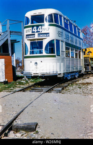 Liverpool's last tram no 293 at the Seashore Trolley museum in Kennebunkport, Maine, USA. Image taken September 1958, a year after its decommission. As of 2017 the tram has remained at the back of the museum shed and now in a poor condition. Stock Photo