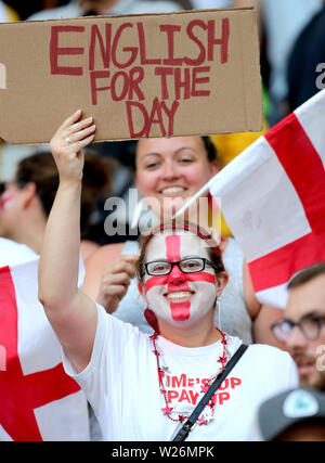 An England fan in the stands holds up a sign at the end of the FIFA Women's World Cup Third Place Play-Off at the Stade de Nice, Nice. Stock Photo