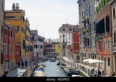 View south on the Rio (canal) Marin, seen from the Ponte Cappello, in the S. Croce sestiere, one of the livelier areas of the city Stock Photo