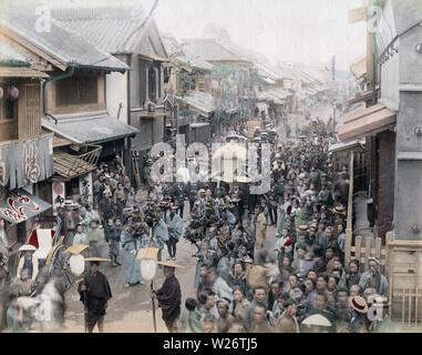 [ 1890s Japan - Japanese Funeral Procession ] —   A crowd gathers to watch a funeral procession.  19th century vintage albumen photograph. Stock Photo