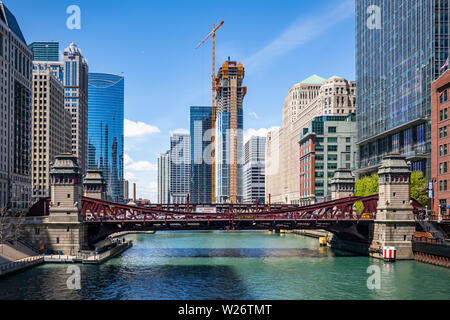 USA, Chicago, Illinois. May 10, 2019. La Salle street bridge, Chicago city high rise buildings, spring day, blue sky background Stock Photo