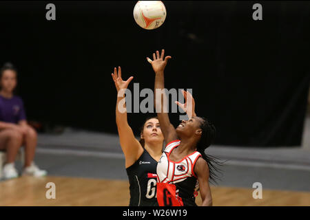 Cardiff, Wales, UK. 06th July 2019. action from Northern Ireland (in green) v Trinidad & Tobago , international netball friendly  at the Viola Arena in Cardiff , South Wales on Saturday 6th July 2019. the teams are preparing for the Netball World cup next week.  pic by Andrew Orchard/Andrew Orchard sports photography/Alamy Live News Stock Photo