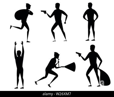 Black silhouette set of thief during robbery holding bag in one hand and pistol in another hand cartoon character design flat vector illustration. Stock Vector