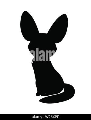 Black silhouette cute fennec fox sit on floor flat vector illustration cartoon animal design white background front view. Stock Vector