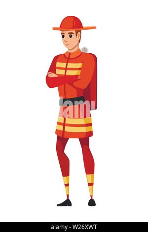 Adult male firefighter stand on ground wearing fireproof form cartoon character design flat vector illustration. Stock Vector