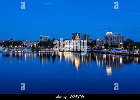 A photo of the inner harbor at dusk in Victoria, BC Canada.