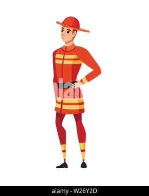 Adult male firefighter stand on ground wearing fireproof form cartoon character design flat vector illustration. Stock Vector