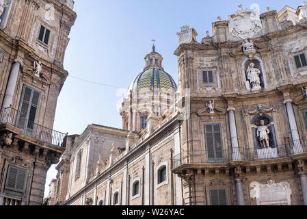 Quattro Canti or Four Corners crossroads street view in Palermo, Sicily on a sunny day. Stock Photo