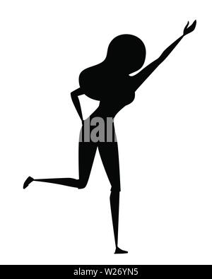 Black silhouette happy woman in casual clothes with up raised arms cartoon character design flat vector illustration isolated on white background. Stock Vector