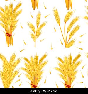 Seamless pattern of wheat yellow ripe spikelets and grains of wheat flat vector illustration on white background. Stock Vector