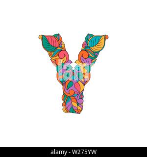 Colorful Floral Ornamental Alphabet, Initial Letter Y Font. Vector Typography Symbol. Multicolored Poster for Adults. Isolated Ornament Design for Book Covers Stock Vector