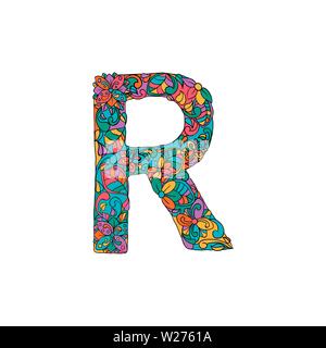 Colorful Floral Ornamental Alphabet, Initial Letter R Font. Vector Typography Symbol. Multicolored Poster for Adults. Isolated Ornament Design for Book Covers Stock Vector
