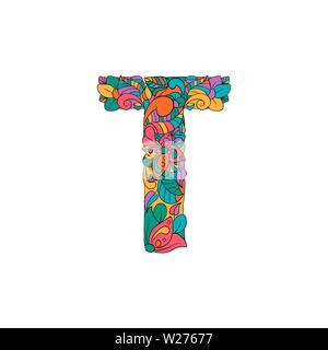 Colorful Floral Ornamental Alphabet, Initial Letter T Font. Vector Typography Symbol. Multicolored Poster for Adults. Isolated Ornament Design for Book Covers Stock Vector