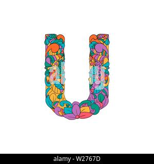 Colorful Floral Ornamental Alphabet, Initial Letter U Font. Vector Typography Symbol. Multicolored Poster for Adults. Isolated Ornament Design for Book Covers Stock Vector