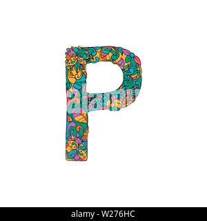 Colorful Floral Ornamental Alphabet, Initial Letter P Font. Vector Typography Symbol. Multicolored Poster for Adults. Isolated Ornament Design for Book Covers Stock Vector