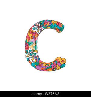 Colorful Floral Ornamental Alphabet, Initial Letter C Font. Vector Typography Symbol. Multicolored Poster for Adults. Isolated Ornament Design for Book Covers Stock Vector