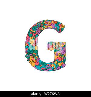 Colorful Floral Ornamental Alphabet, Initial Letter G Font. Vector Typography Symbol. Multicolored Poster for Adults. Isolated Ornament Design for Book Covers Stock Vector