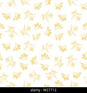 Honey Bee Seamless Pattern, Sketch Vector Illustration With Bumble Bee Hives In Vintage Style, Yellow Hand Drawn Honeycomb On White Background Stock Vector