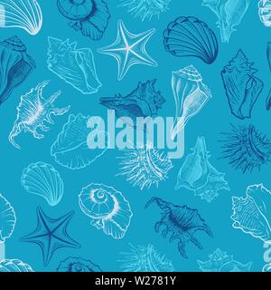 Seashells, scallops vector seamless pattern. Marine life animals colorful drawings on blue background. Sea urchin freehand engraving. Underwater creatures outline. Wallpaper, textile design Stock Vector