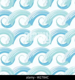 Hand drawn blue stylised ocean waves with painterly effect. Seamless geometric vector pattern on white background. Great for marine themed products Stock Vector