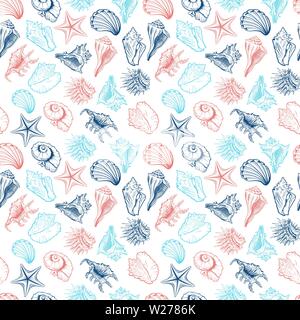 Seashells and starfish vector seamless pattern. Marine life creatures colorful drawings. Sea urchin freehand outline. Underwater animals engraving. Wallpaper, wrapping paper, textile design Stock Vector