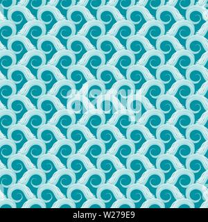 Beautiful hand drawn stylised ocean waves in textured geometric design. Seamless vector pattern on ocean blue background. Great for marine themed Stock Vector