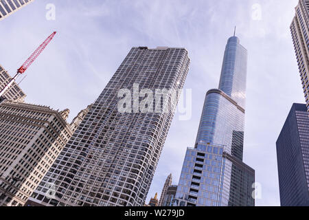 Chicago, Illinois. USA, Cityscape, spring day. City high rise buildings, cloudy sky background, low angle view