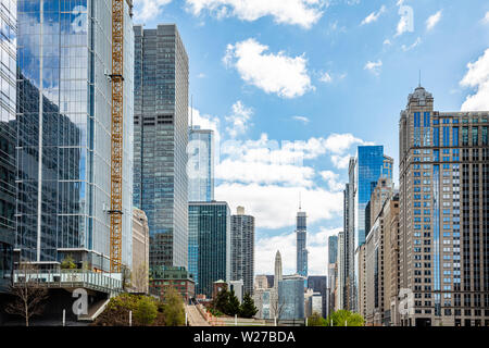 Chicago cityscape, spring day. Chicago city waterfront high rise buildings, blue sky background in spring