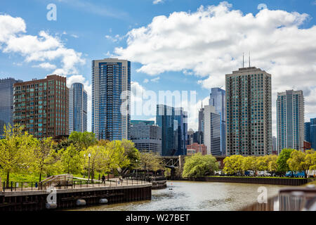 Chicago cityscape, spring day. Chicago city waterfront high rise buildings on the river canal, blue sky background Stock Photo