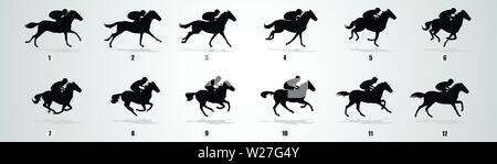 Horse rider Run cycle silhouette, loop animation sprite sheet vector Stock Vector