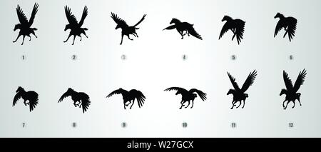 Pegasus run and flyinfg cycle vector silhouette, loop animation vector Stock Vector