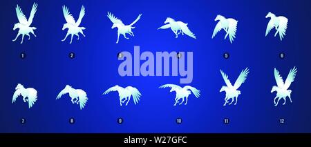 Pegasus run and flyinfg cycle vector silhouette, loop animation vector Stock Vector