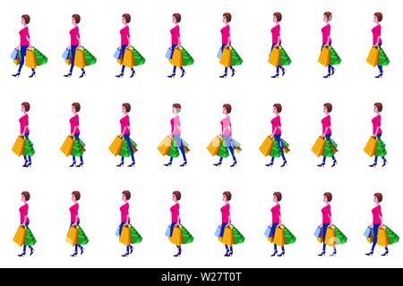 Shopping Woman Character Walk cycle Animation Sequence, loop animation sprite sheet Stock Vector