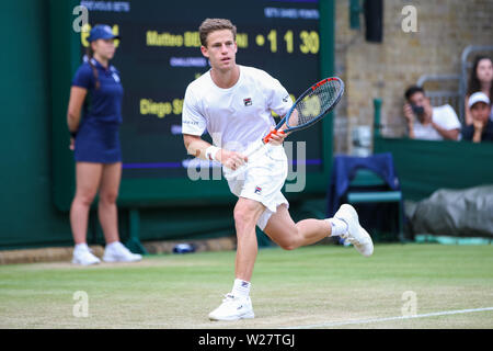 Wimbledon, London, UK. 6th July, 2019. Diego Schwartzman of Argentina during the men's singles third round match of the Wimbledon Lawn Tennis Championships against Matteo Berrettini of Italy at the All England Lawn Tennis and Croquet Club in London, England on July 6, 2019. Credit: AFLO/Alamy Live News Stock Photo