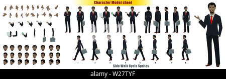 African Businessman Character Model sheet with Walk cycle Animation Sequence Stock Vector