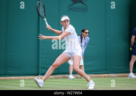 Wimbledon, London, UK. 6th July, 2019. Elise Mertens of Belgium during the women's singles third round match of the Wimbledon Lawn Tennis Championships against Qiang Wang of China at the All England Lawn Tennis and Croquet Club in London, England on July 6, 2019. Credit: AFLO/Alamy Live News Stock Photo