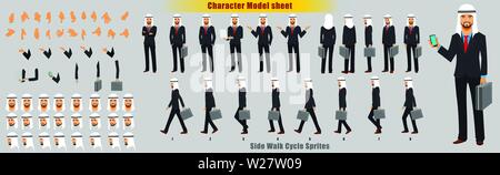 Arab Businessman Character Model sheet with Walk cycle Animation Sequence Stock Vector