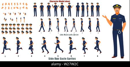 Police Character Model sheet with Walk cycle and Run cycle Animation Stock Vector