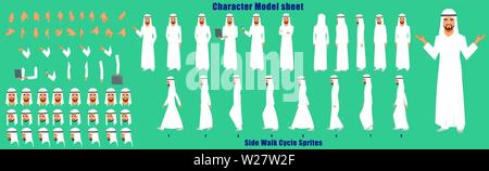 Arab business manCharacter Model sheet with Walk cycle Animation Sequence Stock Vector