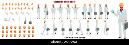 Businessman Character Model sheet with Walk cycle Animation Sequence Stock Vector