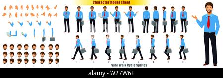 Businessman Character Model sheet with Walk cycle Animation Sequence Stock Vector