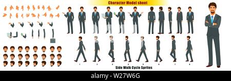 Businessman Character Model sheet with Walk cycle Animation Sequence Stock Vector