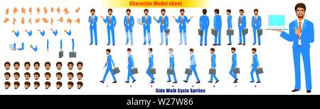 Businessman Character Model sheet with Walk cycle Animation Sequence Stock Vector