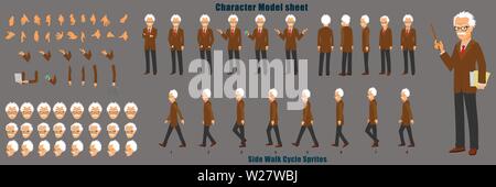 Professor Character Model Sheetwith Walk cycle Animation Sequence Stock Vector