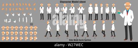 Scientist Character Model Sheetwith Walk cycle Animation Sequence Stock Vector