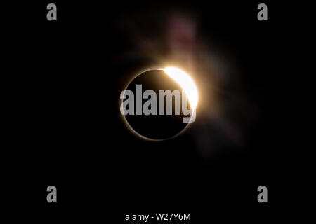 The Baily's beads effect and Diamond Ring effect during Total Solar Eclipse Chile 2019, amazing view of the Sun covered by the Moon during totality Stock Photo