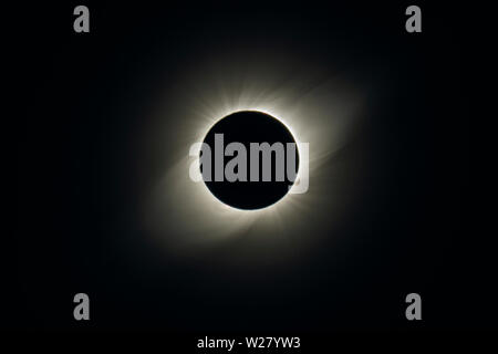 The Solar Corona atmosphere layer during Total Solar Eclipse Chile 2019, amazing view of the Sun covered by the Moon during totality phase Stock Photo